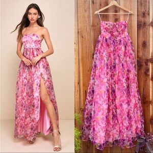 Pink Floral Strapless Bustier Organza Maxi Dress 🌿